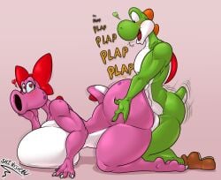 1boy 1girls 2026 ambiguous_penetration anthro anthro_on_anthro balls big_balls big_breasts birdo bow_(feature) bow_ribbon breasts doggystyle duo eyes_closed female female_penetrated from_behind_position furry furry_female furry_male furry_only genitals grabbing_hips green_body green_scales looking_at_another looking_at_partner looking_back looking_back_at_another looking_back_at_partner male male/female male_penetrating male_penetrating_female mario_(series) mostly_nude multicolored_body multicolored_scales nintendo onomatopoeia penetration pink_body pink_scales plap plap_(sound) red_ribbon reptile ribbon_only ribbons scales scut_tail sex shinysteel short_tail smile sound_effects tail text thick_thighs two_tone_body two_tone_scales white_balls white_body white_scales yoshi
