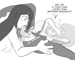 2girls anus arm_over_head asui_tsuyu asymmetrical_hair black_hair blush bodysuit boku_no_hero_academia breasts clenched_teeth clitoris commentary crossover crying crying_with_eyes_open cunnilingus english_commentary english_text fellatio female_pubic_hair foaming_at_the_mouth frog_girl greyscale gwen_stacy hands_on_another's_thighs hood hooded_bodysuit klassyarts long_hair long_tongue lying marvel medium_hair monochrome multicolored_bodysuit multiple_girls my_hero_academia nipples on_back oral pillow prehensile_tongue print_bodysuit pubic_hair pussy sidecut small_breasts speech_bubble spider-gwen spider-man_(series) spider-verse spider_web_print spread_legs superhero_costume tears teeth tongue tonguejob torn_bodysuit torn_clothes two-tone_bodysuit undercut very_long_tongue white_background yuri
