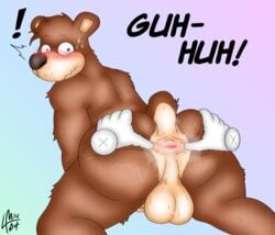 ! absurd_res anthro anus ass balls banjo-kazooie banjo_(banjo-kazooie) blue_eyes blush bodily_fluids brown_body brown_fur butt_grab disembodied_hand english_text fur furry_only genitals hand_on_butt hi_res looking_at_viewer looking_back male male_focus male_only mammal miscellanea404 musk nervous penis rareware shocked signature simple_background solo spread_anus spreading sweat sweaty_anus sweaty_butt text ursid video_games wet