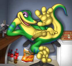 2020 absurd_res anal anal_fingering anthro anus ass balls bedroom_eyes bodily_fluids chair desk detailed digital_media_(artwork) dracovar_valeford erection exhibitionism feet fingering food foreskin furniture gecko genitals gex_(series) gex_the_gecko grin happy hi_res humanoid_genitalia humanoid_penis inside lizard looking_at_viewer lying male male_only narrowed_eyes naughty_face nude on_side paws penis pinup pose reptile retracted_foreskin scalie seductive shaded slime smile solo solo_focus spread_legs spreading trash uncut video_games