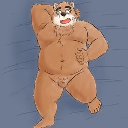 1:1 2020 anthro balls belly blush bodily_fluids eyewear flaccid furry_only genitals glasses hi_res humanoid_hands kemono lying male male_only mammal micropenis navel overweight overweight_anthro overweight_male penis small_penis solo sweat tokyo_afterschool_summoners ursid video_games volos yaki_atsuage