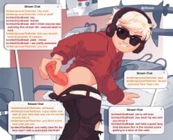 1boy blonde blonde_hair blonde_hair_male clothed dave_strider dildo dildo_in_ass gay headphones homestuck hoodie implied_incest incest incest? incest_(lore) looking_at_viewer looking_back male male_only mocking mocking_viewer otuser recording red_dildo red_hoodie ripped_pants smiling smirking smug solo_male source_request streaming sunglasses sword tagme teenage_male teenager wearing_glasses