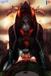 1boy 1girls black_skin blonde_hair blue_skin cedric_dewitt clothed clothed_sex cowgirl_position cum cum_in_pussy cum_inside femdom first_person_view happy happy_sex hood light_skin link link_(twilight_princess) looking_pleasured love midna monster_girl nintendo outside pov red_eyes red_hair robe smile the_legend_of_zelda tiara twili_midna twilight twilight_princess two-tone_skin unseen_male_face vaginal_penetration yellow_sclera