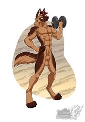 abs angry angry_face animal_genitalia anthro athletic athletic_anthro athletic_male balls bodily_fluids brown_body brown_fur canid canine canis dayji_(talldoggo) domestic_dog exercise fully_sheathed fur furry_only genitals german_shepherd hair hand_on_hip herding_dog hi_res holding_object looking_away male male_only mammal neck_tuft nude pastoral_dog pecs red_eyes sheath simple_background solo sweat tan_body tan_fur tuft vallhund workout