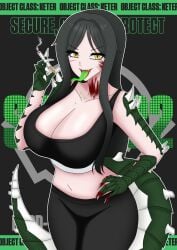1girls black_hair blood_on_face blood_on_hands claws digital_media_(artwork) fangs genderswap genderswap_(mtf) gijinka green_theme humanized humanized_scp large_breasts leggings lizard_tail long_hair looking_at_viewer monster_girl navel open_mouth parody reptile_girl rule_63 scales scaly_skin scar_on_face scar_on_nose scp-682 scp-682_(reptilia_queen) scp_foundation sharp_teeth smile smirk smoking solo spikes sports_bra sportswear stomach tail text_background thick_thighs yellow_eyes yoga_pants