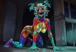 1girls ai_generated braids breasts claws crown dani_(paigen) fangs female glass glass_girl glass_monster glass_skin horn horns horror horror_(theme) large_breasts monster_girl multicolored_body multicolored_hair original original_character paigen pointy_ears pussy sharp_nails sharp_teeth sharp_toenails short_hair stained_glass stained_glass_monster static_eyes