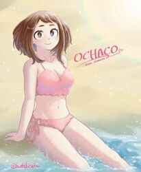 beach bikini brown_eyes brown_hair buthikireta female looking_at_viewer my_hero_academia ochako_uraraka swimsuit water