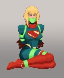 1girls 2025 2d 2d_(artwork) angry angry_expression blonde_female blonde_hair bondage boots bound dc dc_comics defeated defeated_heroine female female_only femsub fully_clothed gag gagged kara_zor-el kryptonian kryptonite my_adventures_with_superman png simple_background skelebomb supergirl supergirl_(my_adventures_with_superman) superhero_costume superheroine tight_clothing