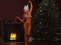 1girls ahsoka_tano big_breasts breasts christmas christmas_tree detailed_background female_focus female_only hi_res jedi jedi_padawan looking_away navel nipples nocturnastudios nude pose poser12 skinny solo star_wars star_wars_rebels togruta