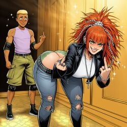 1boy 1girls african_american ai_generated attitude big_ass black_male blonde-haired_male breasts brown_eyes bulge crucifix curvy_figure dark-skinned_male double_middle_finger evan_daniels female flipping_viewer_off green_eyes hair_beads highres huge_ass jacket jeans large_breasts light-skinned_female long_hair looking_at_ass male marvel marvel_comics messy_hair mutant_(marvel) narrow_waist neck_chain new_mutants panties pants_pull ponytail prayer_beads punk_girl rahne_sinclair red_hair reddish_hair scottish_female secretly_loves_it self_upload selvokaz shorts skater_boy sneakers spyke_(x_men) t-shirt teasing_with_butt teenage_female teenage_male teenager thick_thighs wide_hips wild_hair wolfsbane_(x-men) x-men x-men_evolution