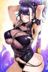 1girls 2020 absurdres armlet armpit_hair armpits arms_up artist_name artist_signature asymmetrical_legwear bangs bare_shoulders black_gloves black_swimsuit blush bottomless breasts clothed covered_navel excessive_pubic_hair fate/grand_order fate_(series) female female_focus female_only female_pubic_hair fingerless_gloves flower gloves gold_trim hair_flower hair_ornament hair_pulled_back hair_up half_gloves hero_neisan high_resolution highleg highleg_swimsuit highres huge_breasts jewelry large_breasts long_hair looking_at_viewer murasaki_shikibu_(fate) murasaki_shikibu_(swimsuit_rider)_(fate) one-piece_swimsuit pubic_hair purple_eyes purple_hair signature single_thighhigh skindentation solo sweat swimsuit thighhighs thighs tied_hair underboob very_high_resolution