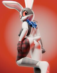 3d_(artwork) anthro anus ass barely_visible_genitalia barely_visible_vulva blue_bow_tie bow_tie breasts buckteeth digital_media_(artwork) female five_nights_at_freddy's floppy_ears genitals gradient_background hand_on_leg hand_on_thigh hi_res lagomorph leporid looking_at_viewer looking_back looking_back_at_viewer mammal medium_breasts nipples on_one_leg pawpads plaid pussy rabbit rear_view red_background red_sclera scottgames scut_tail short_tail simple_background smile smiling_at_viewer solo standing stitch_(sewing) tail teeth vanny_(fnaf) vincead vulva watermark