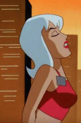 batman_(series) batman_beyond bobbi_blade_sommer breasts closed_eyes clothed_female dc dcau medium_breasts pink_top sideboob teeth white_hair