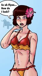 1girls ? artist_request atlus bikini blush blushing breasts brown_hair english_text female female_focus female_only isabeau_(smt) mole muscles normal_breasts open_mouth pink_eyes question shin_megami_tensei shin_megami_tensei_iv simple_background swimsuit tagme text text_bubble