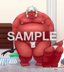 2020 asian_mythology ass balls blush clothing demon distracting_watermark east_asian_mythology genitals horn inside iwano japanese_mythology male male_only moobs mythology nipples oni overweight overweight_male red_body red_skin sekai_no_hanbun_wa_irimasen solo_focus underwear watermark yōkai