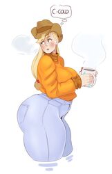 1girls applejack_(mlp) big_breasts coffee coffee_mug cowboy_hat denim denim_clothing female female_only freckles friendship_is_magic hat human humanized jeans large_breasts my_little_pony pants solo solo_female speech_bubble straight_hair sunnysundown text thick_thighs tight_clothing tight_jeans tight_pants wide_hips