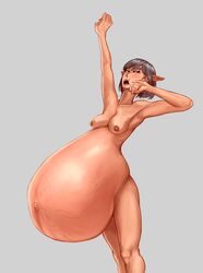 beauty_mark belly big_belly breasts elf female huge_belly mole nipples nude open_mouth pointy_ears stretching unf0cused veiny_belly vore yawn