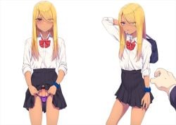 2boys bag bar_censor black_skirt blonde_hair blue_eyes bow bowtie censored closed_mouth clothes_lift commentary_request crossdressing dress_shirt embarrassed erection eyes_visible_through_hair femboy flashing frown girly gyaruo hair_over_one_eye high-waist_skirt hokuro_ryuuseigun lifted_by_self looking_at_viewer male male_focus medium_hair multiple_boys multiple_views original otoko_no_ko panties parted_lips penis penis_in_panties pleated_skirt pov pov_hands precum purple_panties red_bow red_bowtie school_bag school_uniform scrunchie shirt shoulder_bag simple_background skirt skirt_lift small_penis standing sweatdrop tan thong trap tsurime underwear white_background white_shirt wrist_scrunchie