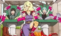 3girls barefoot boots bulma_(bunny) bulma_briefs bunny_ears bunny_girl bunnysuit dragon_ball dragon_ball_(classic) feathers feet female hasky laugh lipstick_mark mai_(dragon_ball) restrained socks_removed spread_toes teenager tickle_torture tickling tickling_feet toes umojar yuri