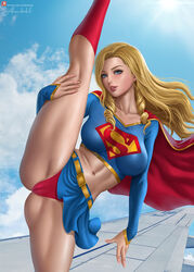 1girls abs alexander_dinh big_breasts blonde_hair blondie blue_eyes blue_skirt breasts cape cute dc dc_comics drawn female female_kryptonian female_only golden_hair kara_danvers kara_zor-el kryptonian large_breasts leg_up lipstick long_hair midriff miniskirt oversplit panties pleated_skirt red_panties skirt skirt_lift smile splits supergirl superman_(series) vertical_splits wide_hips