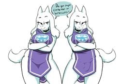 1futa 1girls bottomless breasts bulge clone clothed clothing crossed_arms dialogue dickgirl duo female furry futanari half-closed_eyes mostly_clothed penis sparkydb standing text toriel undertale