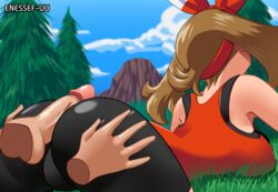 ass bike_shorts blurry_background bow breasts brown_hair buttjob cameltoe enessef-uu english_text fully_clothed grass hands_on_ass large_breasts lying_on_stomach may_(pokemon) may_(pokemon_oras) outdoors outside penis pokemon pokemon_oras tank_top text tree veiny_penis volcano watermark