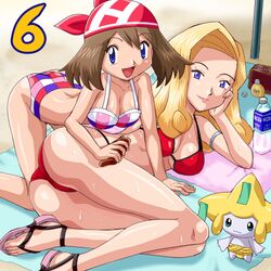 2girls age_difference ass bandana beach bikini blonde_hair breasts brown_hair checkered_bikini cleavage diane_(pokemon) female female_focus heels jirachi may_(pokemon) pokemoa pokemon pokemon:_jirachi:_wish_maker pokemon_(movie) pokemon_(species) red_bikini swimsuit