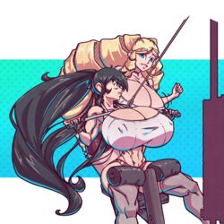 2girls alternate_breast_size amazon big_ass big_breasts black_hair blonde_hair blue_eyes breasts_bigger_than_head brother_complex bursting_breasts choker cleavage clothing color crossover drill_hair eclaire_auger_(n647) huge_breasts kuroki_tomoko long_hair multiple_girls muscles muscular n647 nipple_bulge nipples_visible_through_clothing shorts smile smiling stockings thick_thighs thighhighs voluptuous watashi_ga_motenai_no_wa_dou_kangaetemo_omaera_ga_warui! weightlifting wide_hips workout workout_clothes yellow_eyes