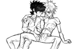 2boys 2d_(gorillaz) blush clothed clothing gay gorillaz male male/male male_only men murdoc_niccals ren_valentine sketch sweat sweatdrop yaoi