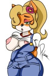 <3_eyes 2:3 accessory activision alpha_channel anthro bandicoot big_breasts blonde_hair breasts clothed clothing coco_bandicoot crash_(series) female fur green_eyes hair hair_accessory half-closed_eyes heart hi_res mammal marsupial narrowed_eyes nipples one_breast_out one_eye_obstructed open_mouth overalls ponytail punished_kain solo video_games