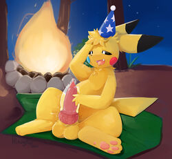 absurd_res anthro beeb bodily_fluids campfire clothing genital_fluids hat headgear headwear hi_res hiroyko_art looking_pleasured male male_only mammal masturbation mouse murid murine night nintendo party_hat penetrable_sex_toy penile penile_masturbation pikachu pokémon_(species) pokemon precum rodent sex_toy solo toying_self video_games