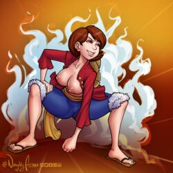 1girls action_pose areolae azima bare_calves big_breasts breasts breasts_out brown_eyes brown_hair busty calves capri_pants cosplay crossplay disney female female_focus female_only helen_parr hourglass_figure mature mature_female milf monkey_d_luffy_(cosplay) nipples nudity one_piece pinup pinup_pose pixar pose posing sandals short_hair smooth_skin solo squatting the_incredibles topless_cosplay wide_hips