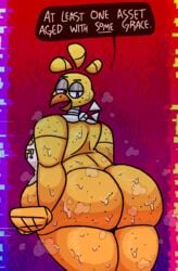 bib big_belly chica_(fnaf) chicken chubby classic_chica_(fnaf) dialogue female female_focus female_only five_nights_at_freddy's huge_ass pink_eyes qoolguyart sweat thick_thighs