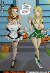 areolae big_breasts blue_eyes breasts busty comic erect_nipples female female_focus freckles halloween halloween_costume huge_breasts karmagik large_breasts long_hair nipples randi_(karmagik) red_hair sex speech_bubble tagme text trick_or_treat