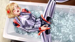 bathtub blonde_hair fap_ceo ice ice_cube ice_cube_on_body ice_cube_on_stomach ice_cubes m.i.a_(fap_ceo) masturbation medium_hair nutaku pleasure_face pussy red_lipstick robot_girl yellow_eyes