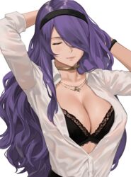 1girls blouse bra breasts camilla_(fire_emblem) cleavage eyelashes eyeliner female female_focus female_only fire_emblem fire_emblem_fates hi_res j@ck lipstick long_hair makeup necklace nintendo office_lady shirt very_long_hair