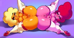 2girls anthro ass ass_to_ass big_ass bottomless breasts butt cartoon_network duo eroticphobia female female_only gem_(species) hessonite_(steven_universe) high_heels looking_at_viewer multiple_girls nipples on_back orange_skin pink_skin pussy pyrope_(steven_universe) smile spread_legs spreading steven_universe stockings thick_thighs thighhighs yuri