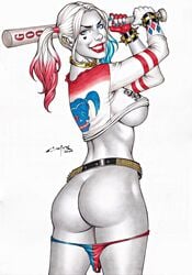 1girls 2020 ass back_view bare_ass baseball_bat batman_(series) big_ass big_breasts blue_eyes bubble_butt carlos_braga crop_top dat_ass dc dc_comics dyed_hair eyeshadow female female_only grin harley_quinn hourglass_figure large_breasts lipstick looking_at_viewer looking_back_at_viewer panties panties_around_leg panties_around_legs panties_down pigtails pinup red_lipstick smile solo spiked_belt suicide_squad tattoo twintails two_tone_panties underboob