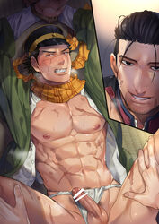 2boys abs anal bar_censor bara bare_pecs black_eyes black_hair censored erection facial_hair foxvulpine fundoshi golden_kamuy green_kimono grin hat human human_only implied_sex japanese_clothes kepi kimono male_focus military_hat multiple_boys muscle navel ogata_hyakunosuke open_clothes open_kimono scar scar_on_cheek scar_on_face scar_on_mouth scar_on_nose scarf short_hair simple_background smile spread_legs stubble sugimoto_saichi testicles textless underwear white_underwear yaoi yellow_scarf