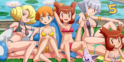 5girls annie_(pokemon) armpit bianca_(pokemon_heroes) bikini blonde_hair brown_hair cleavage collarbone espeon feet female female_focus female_only ginger gray_hair group kanon_(pokemon) kasumi_(pokemon) latias latios lion_(pokemon) misty_(pokemon) multiple_girls navel oakley_(pokemon) orange_hair pokemoa pokemon pokemon_(anime) pokemon_(movie) pokemon_(species) pokemon_heroes:_latios_and_latias red_hair short_brown_hair short_hair short_orange_hair silver_hair swimsuit topless zanner_(pokemon)