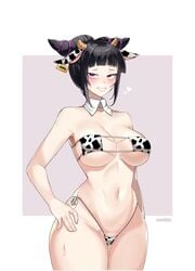 1girls absurdres artist_name bangs bikini black_hair blunt_bangs blush breasts capcom constricted_pupils cow_bikini cow_ears cow_girl cow_print cowboy_shot curvy detached_collar drill_hair ear_tag eyelashes eyepatch_bikini fake_animal_ears fake_horns female female_only front_view half-closed_eyes hand_on_hip heart highres horns human johwa juri_han large_breasts looking_at_viewer micro_bikini naughty_face navel pale_skin pink_eyes seductive shiny_hair side-tie_bikini sidelocks skimpy skindentation smile solo street_fighter street_fighter_v sweat toned toned_female twin_drills wide_hips