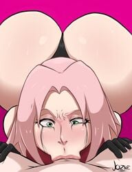 1boy 1girls :>= big_ass big_butt black_thong deepthroat fellatio female female_focus jozne looking_at_penis male mascara_tears naruto naruto_shippuden no_pants pink_hair ruined_makeup running_makeup running_mascara runny_makeup sakura_haruno short_hair straight tears tears_of_joy tears_of_pleasure thong