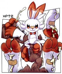 3_toes ambiguous_gender brown_body brown_fur cheek_tuft cum cum_on_feet feet foot_fetish foot_play footjob furry head_tuft looking_at_viewer male nintendo penis pokemon pokemon_ss pov rabbit scorbunny semi-anthro smile toes white_body white_fur xptzstudios