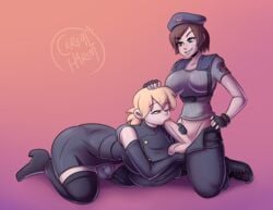 2futas balls big_balls big_penis blonde_hair blowjob breasts brown_hair cerealharem_(artist) clothed clothing elbow_gloves fellatio fully_clothed futa_on_futa futa_only futanari gloves hellsing human jill_valentine kneeling mostly_clothed open_pants pale_skin penis resident_evil resident_evil_remake seras_victoria thighhighs