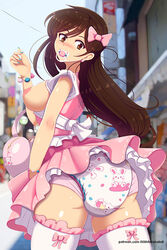 1girls abu_bunnyhopps blush bow brown_hair butt diaper earrings exposed_breasts female_only kanojo_okarishimasu lilith-fetish looking_back mizuhara_chizuru pacifier pink_dress purse upskirt