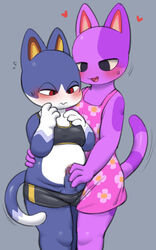 animal_crossing anthro balls blush bob_(animal_crossing) bottomwear clothed clothing crop_top crossdressing domestic_cat duo erection felid feline felis genitals handjob heart hi_res male male/male male_only mammal nintendo penile penis pururing rover_(animal_crossing) sex shirt shorts topwear video_games