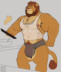 abs absurd_res anthro big_penis bodily_fluids body_hair bulge chest_hair clothing cooking daddy_kink felid genital_outline genitals hairy hi_res lion male male_only mammal musclegut muscular nipples pantherine pecs penis penis_outline shirt sweat tank_top tcw_(artist) thick_thighs topwear