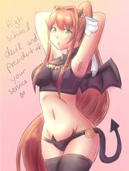 1girls armpits arms_behind_head black_bra black_lingerie black_panties blush bra brown_hair cleavage_cutout demon demon_girl devil doki_doki_literature_club female female_only green_eyes hair_ribbon hips large_breasts lingerie looking_at_viewer monika_(doki_doki_literature_club) navel panties ponytail pose pov pov_eye_contact raionart ribbon ring seductive solo stockings succubus tail talking_to_viewer tease teasing white_ribbon wholesome