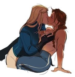 2girls blonde_hair blue_pants blue_topwear boots braided_hair breast_grab breast_squeeze brown_hair cithria clothed eyes_closed gloves harriet_moulton kissing leg_around_waist legends_of_runeterra multiple_girls passionate riot_games simple_background tianna_crownguard white_pants yuri