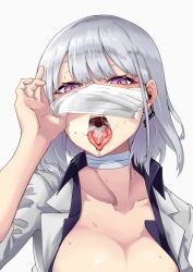 after_fellatio blush breasts collarbone cum cum_in_mouth cum_on_tongue female formal girls'_frontline heart heart-shaped_pupils highres large_breasts mask mask_lift mouth_mask nakiusagi open_mouth purple_eyes rpk-16_(girls'_frontline) short_hair silver_hair solo stray_pubic_hair suit surgical_mask sweat symbol-shaped_pupils tongue tongue_out upper_body white_background white_suit